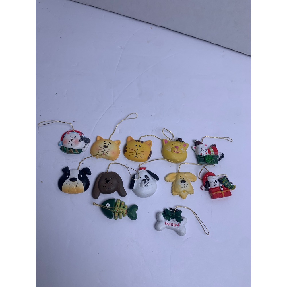 Vintage Pet Christmas Ornaments Set 12pc Resin Cat Dog Fish Bone Holiday Decor